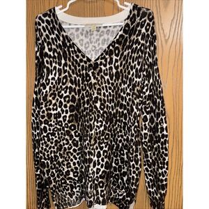 Michael Kors  V Neck Long Sleeve Top Women's Size Xl Lepard Print Stretch Knit
